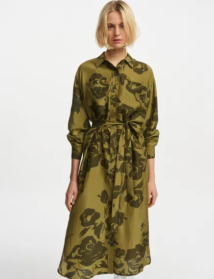 Khaki silk knee-length shirt dress with floral print