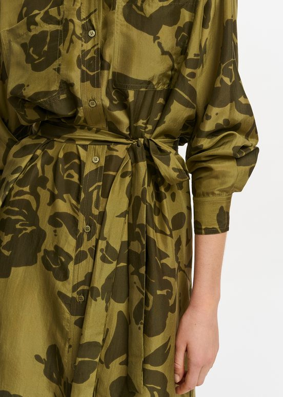 Khaki silk knee-length shirt dress with floral print