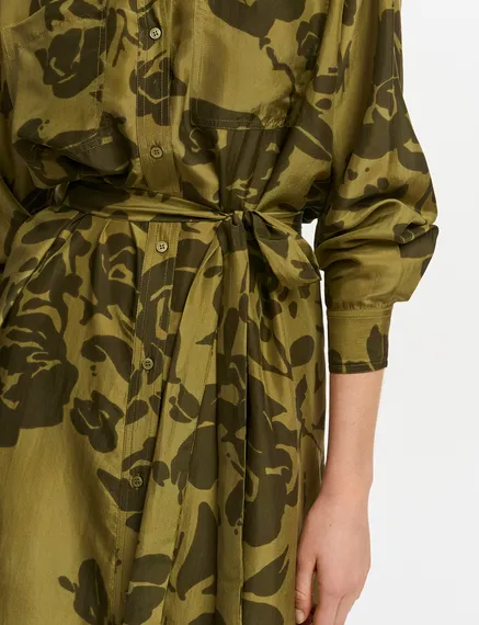 Khaki silk knee-length shirt dress with floral print