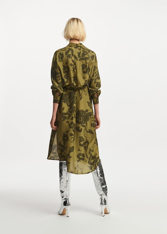 Khaki silk knee-length shirt dress with floral print