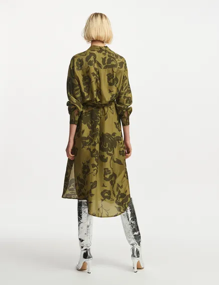 Khaki silk knee-length shirt dress with floral print