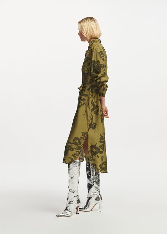 Khaki silk knee-length shirt dress with floral print