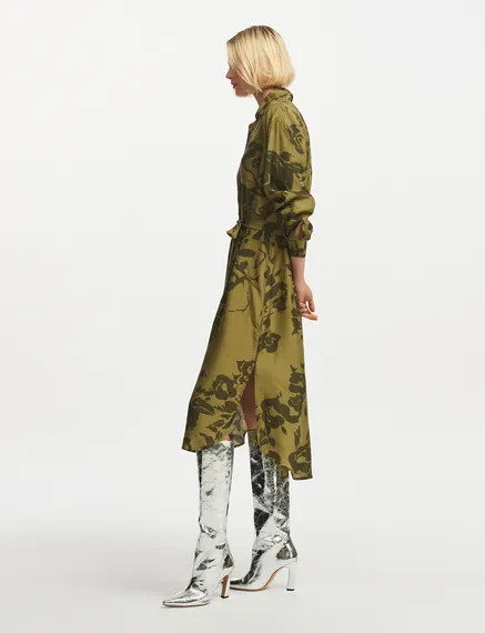 Khaki silk knee-length shirt dress with floral print