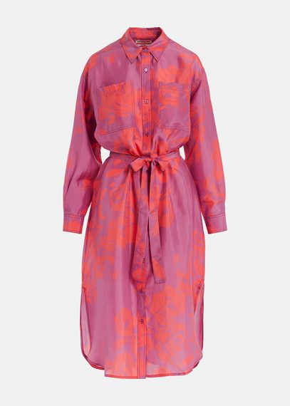 Purple and neon pink silk knee-length shirt dress with floral print