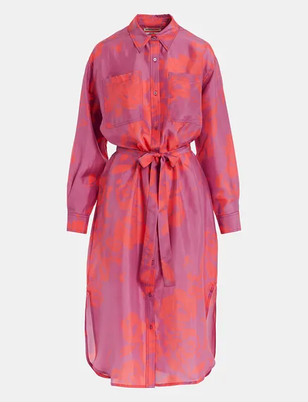 Purple and neon pink silk knee-length shirt dress with floral print