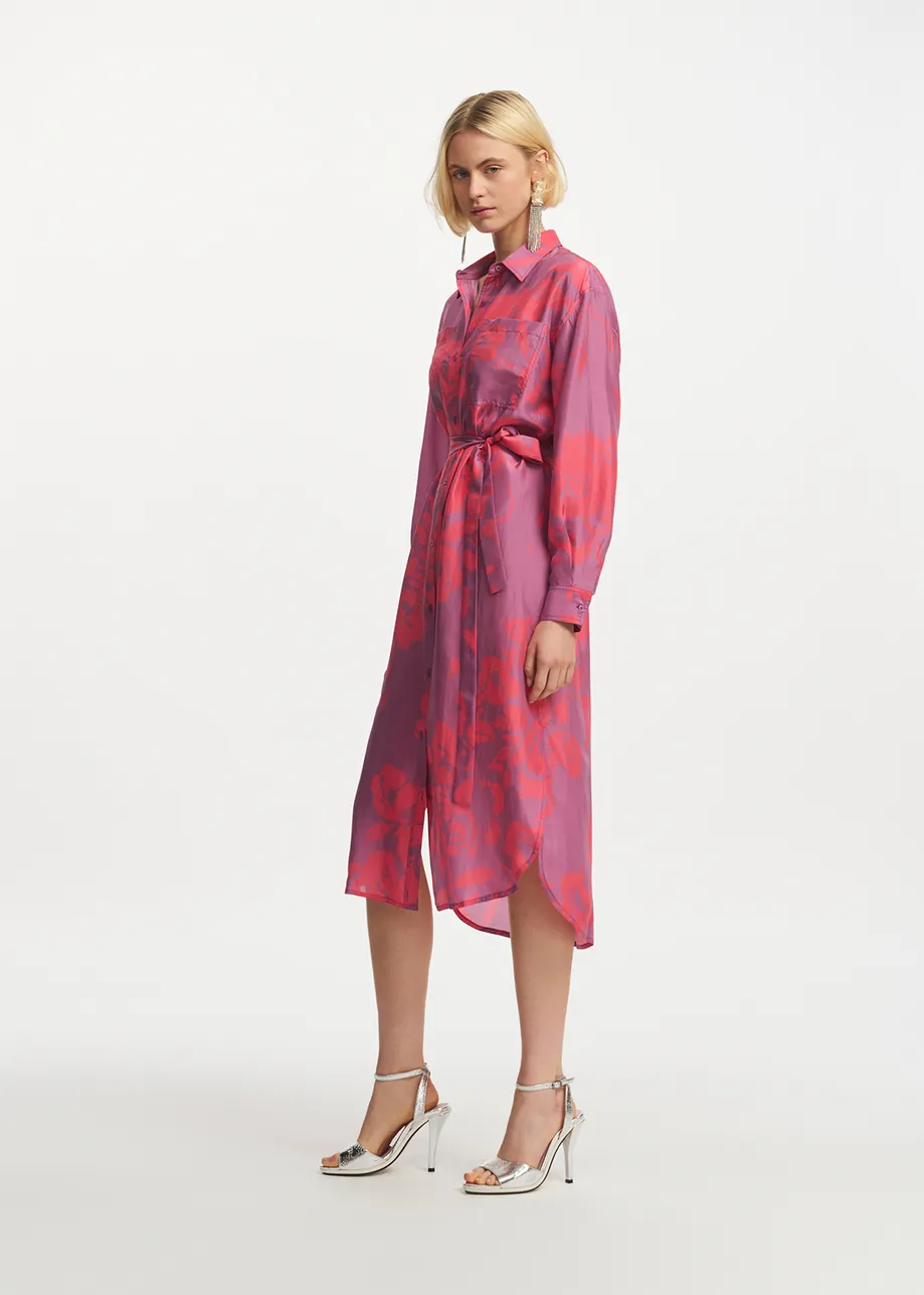 Purple and neon pink silk knee-length shirt dress with floral print