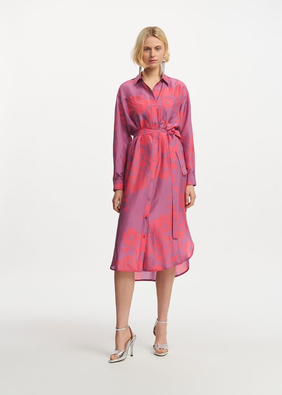 Purple and neon pink silk knee-length shirt dress with floral print