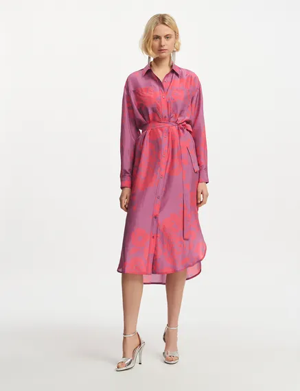 Purple and neon pink silk knee-length shirt dress with floral print