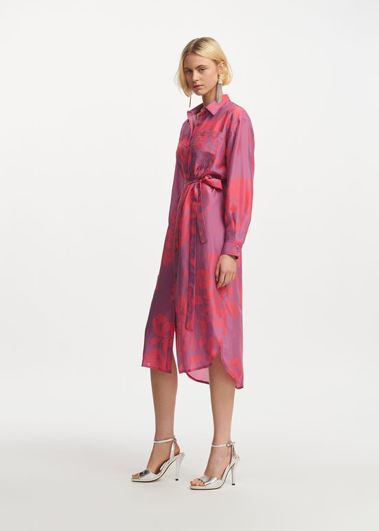 Purple and neon pink silk knee-length shirt dress with floral print