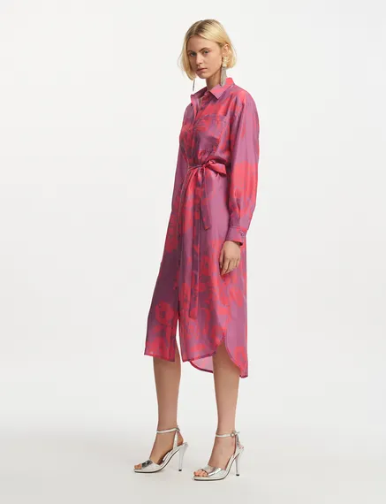 Purple and neon pink silk knee-length shirt dress with floral print