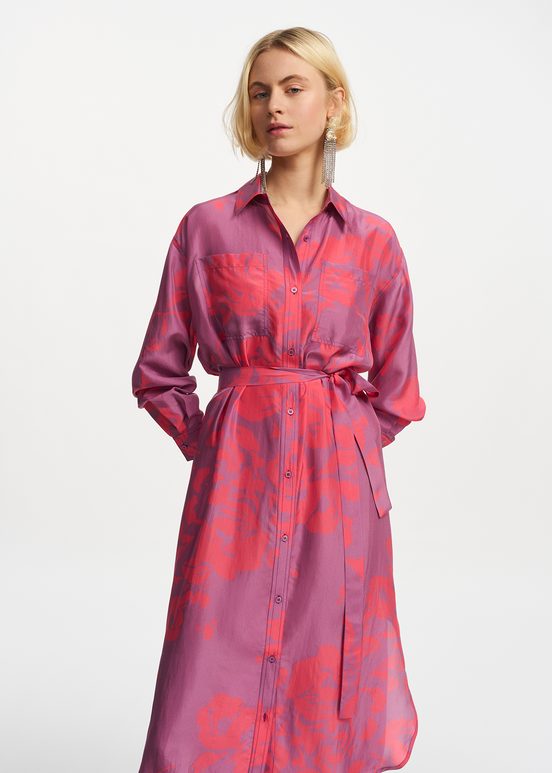 Purple and neon pink silk knee-length shirt dress with floral print