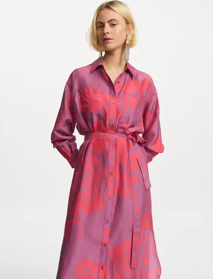 Purple and neon pink silk knee-length shirt dress with floral print