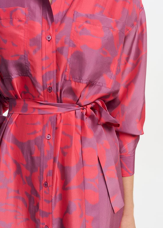 Purple and neon pink silk knee-length shirt dress with floral print