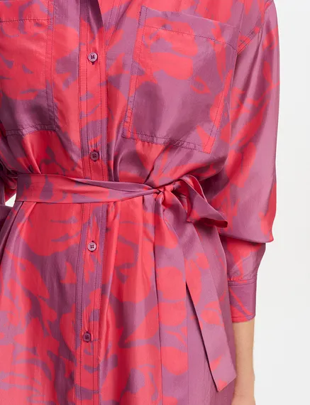 Purple and neon pink silk knee-length shirt dress with floral print