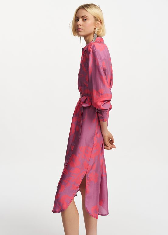 Purple and neon pink silk knee-length shirt dress with floral print