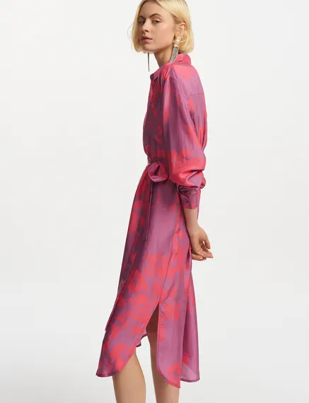 Purple and neon pink silk knee-length shirt dress with floral print