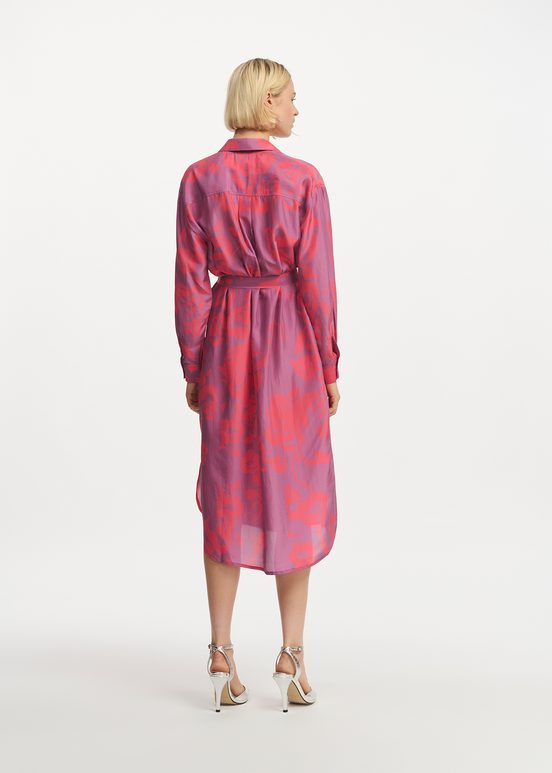 Purple and neon pink silk knee-length shirt dress with floral print