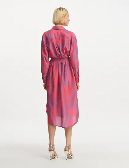 Purple and neon pink silk knee-length shirt dress with floral print