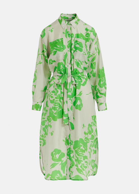 Grey and green silk knee-length shirt dress with floral print