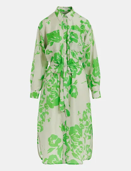 Grey and green silk knee-length shirt dress with floral print