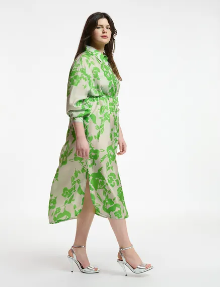 Grey and green silk knee-length shirt dress with floral print