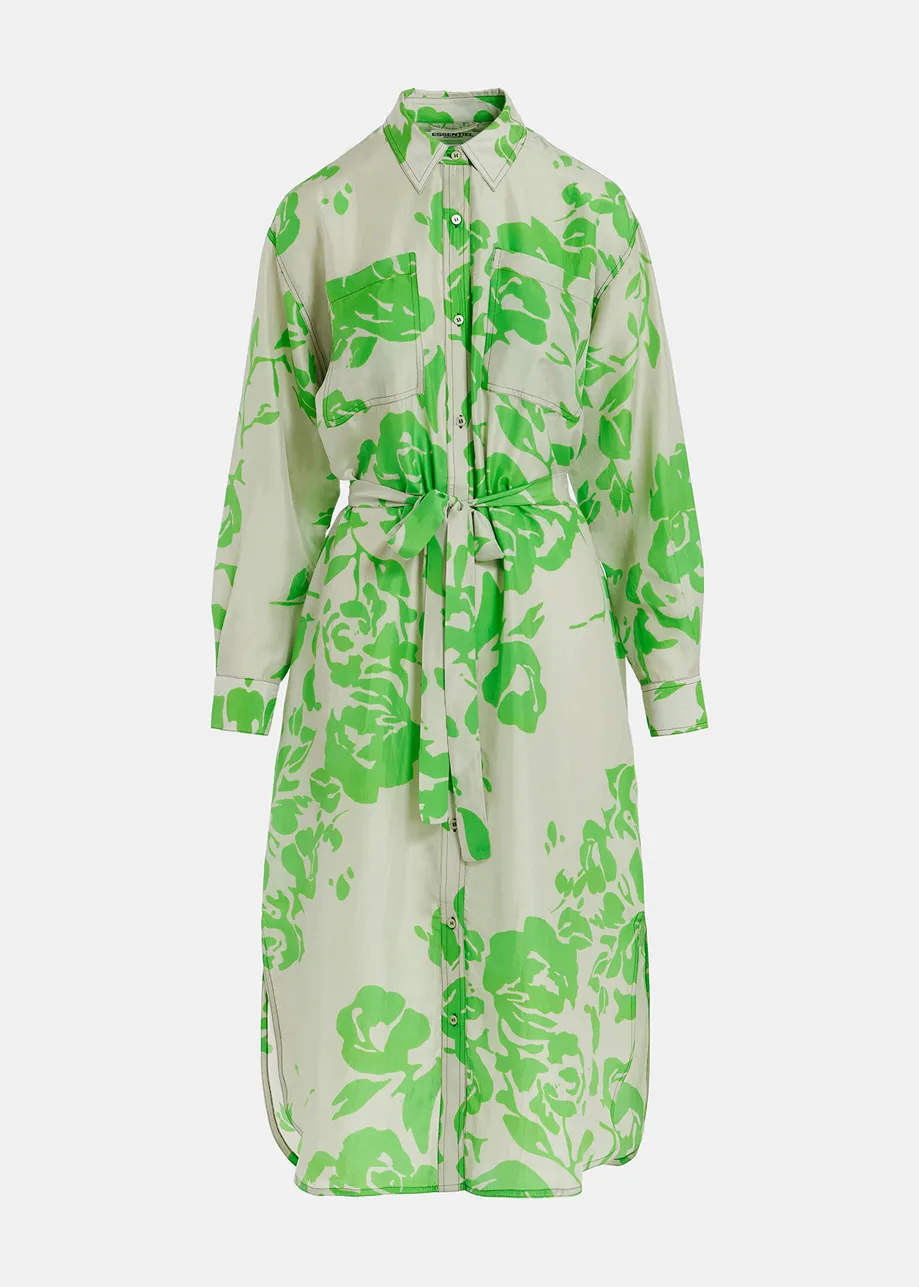 Grey and green silk knee-length shirt dress with floral print