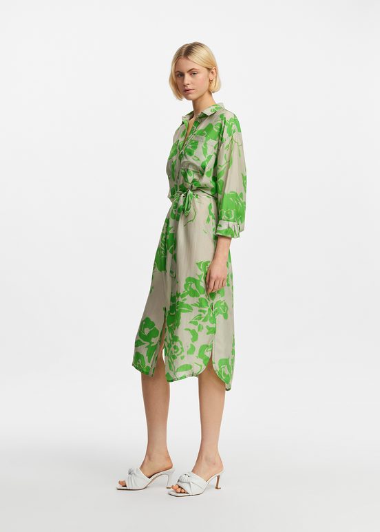 Grey and green silk knee-length shirt dress with floral print