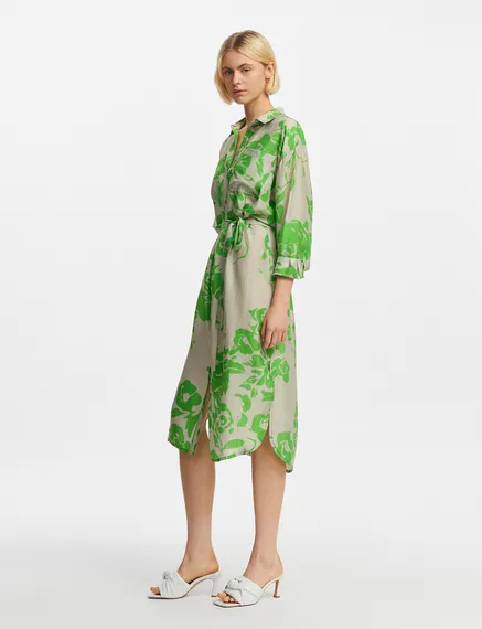 Grey and green silk knee-length shirt dress with floral print