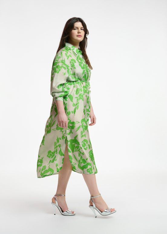 Grey and green silk knee-length shirt dress with floral print