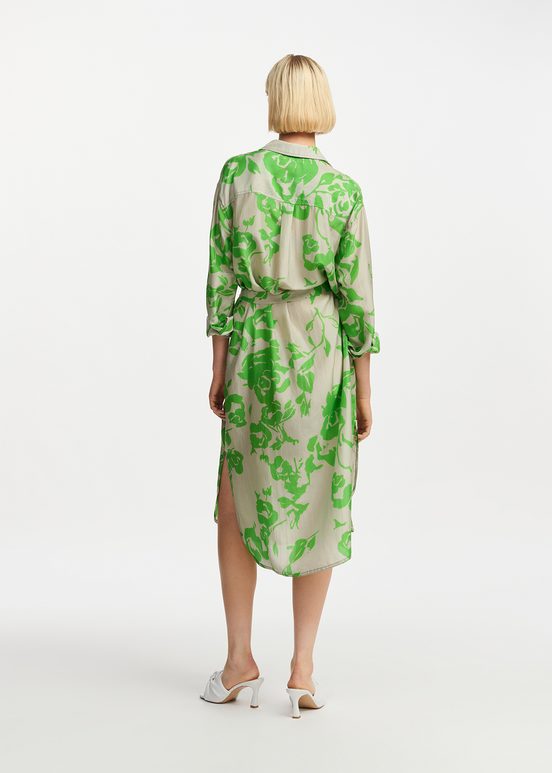 Grey and green silk knee-length shirt dress with floral print