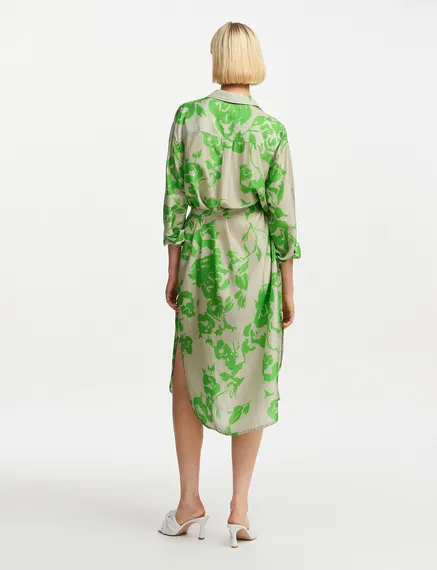 Grey and green silk knee-length shirt dress with floral print