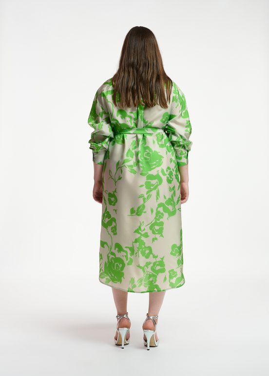 Grey and green silk knee-length shirt dress with floral print