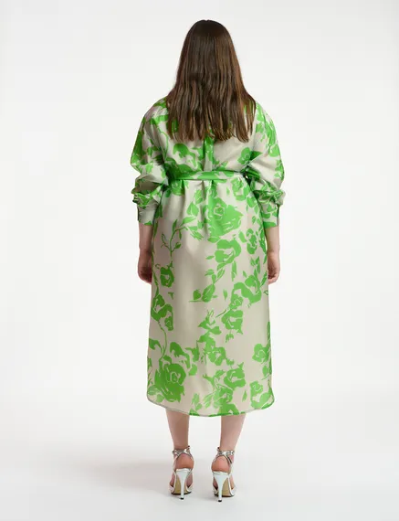 Grey and green silk knee-length shirt dress with floral print