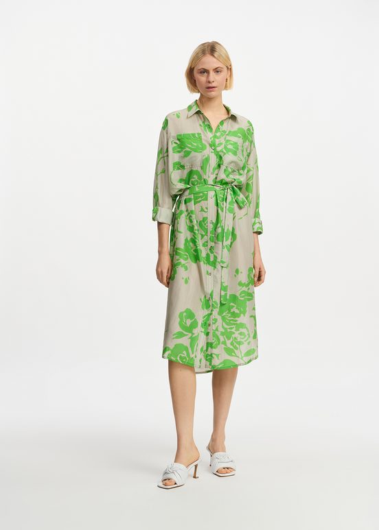 Grey and green silk knee-length shirt dress with floral print