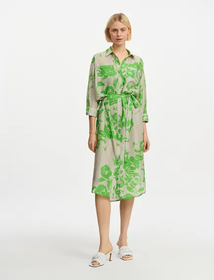 Grey and green silk knee-length shirt dress with floral print