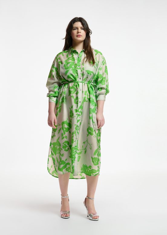 Grey and green silk knee-length shirt dress with floral print