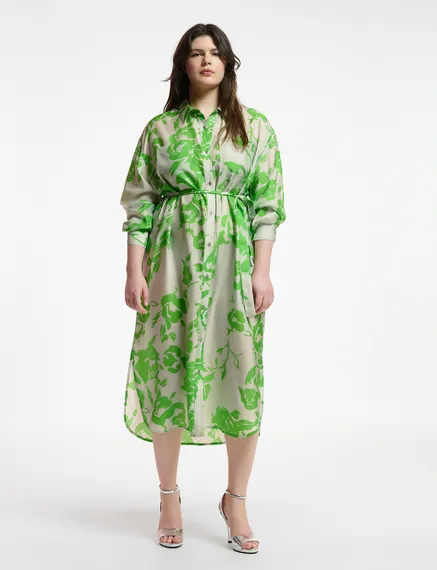 Grey and green silk knee-length shirt dress with floral print