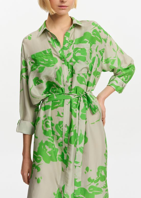 Grey and green silk knee-length shirt dress with floral print