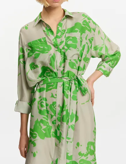 Grey and green silk knee-length shirt dress with floral print