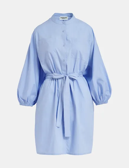 Light blue cotton shirt dress with puffed sleeves