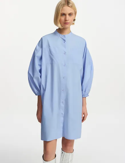 Light blue cotton shirt dress with puffed sleeves