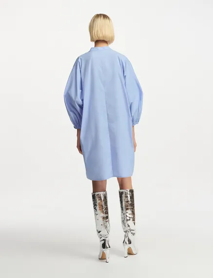 Light blue cotton shirt dress with puffed sleeves