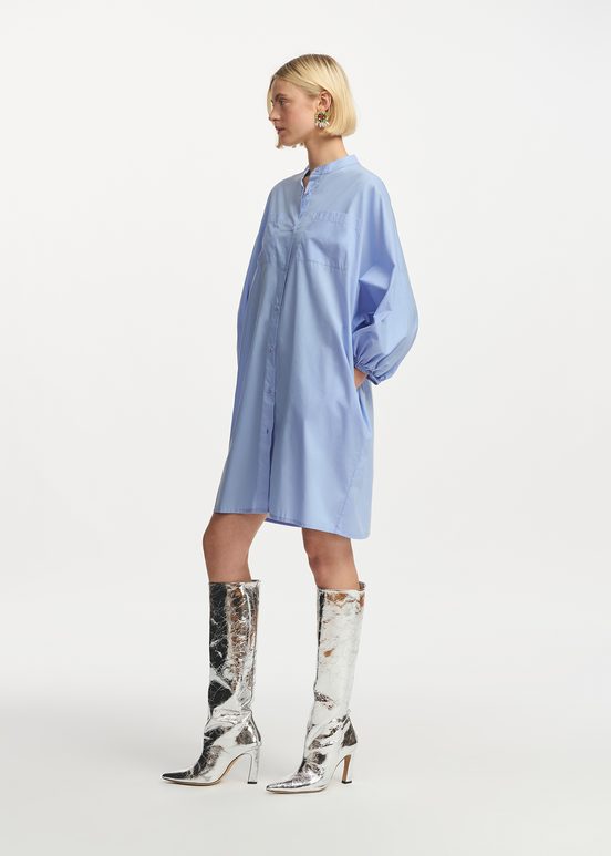 Light blue cotton shirt dress with puffed sleeves