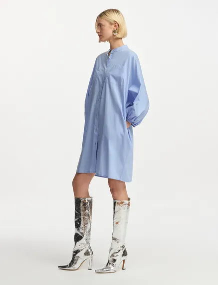 Light blue cotton shirt dress with puffed sleeves