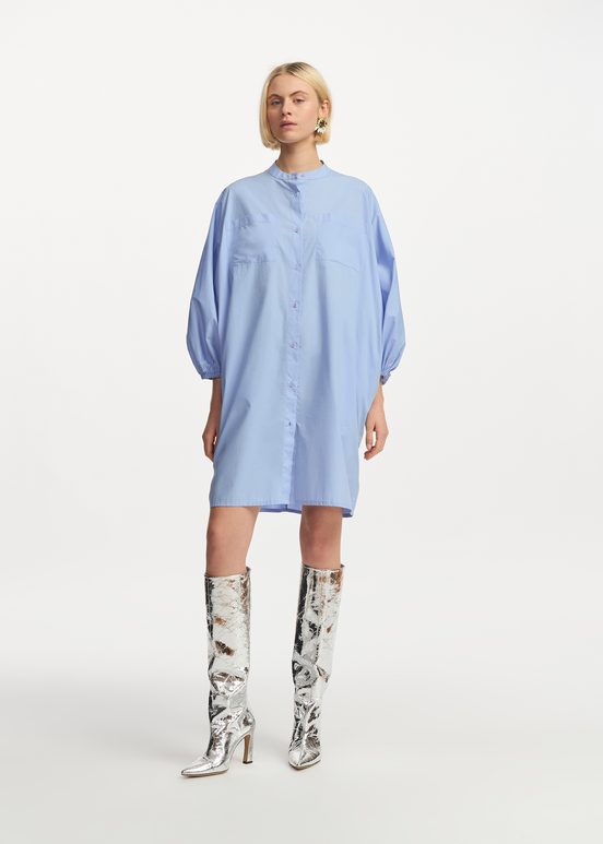 Light blue cotton shirt dress with puffed sleeves