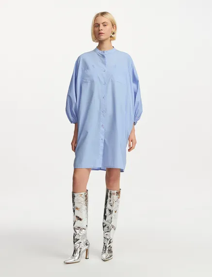 Light blue cotton shirt dress with puffed sleeves