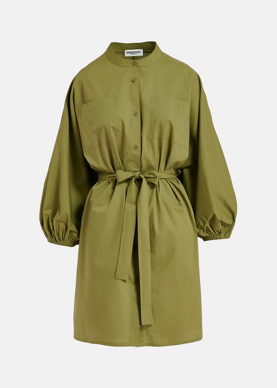 Khaki cotton shirt dress with puffed sleeves