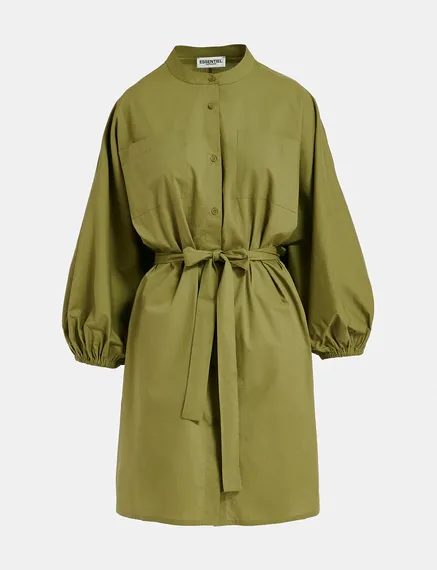 Khaki cotton shirt dress with puffed sleeves