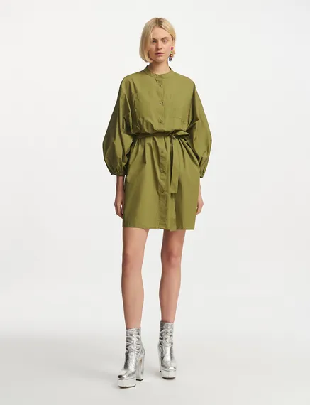 Khaki cotton shirt dress with puffed sleeves