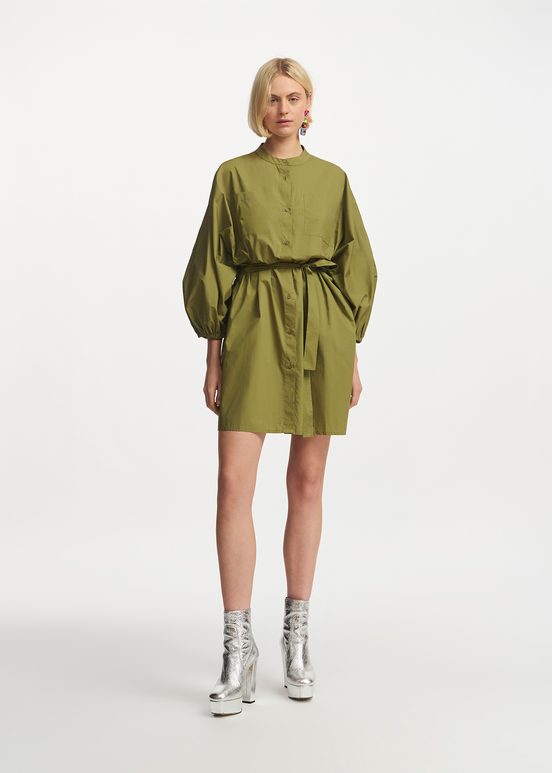 Khaki cotton shirt dress with puffed sleeves